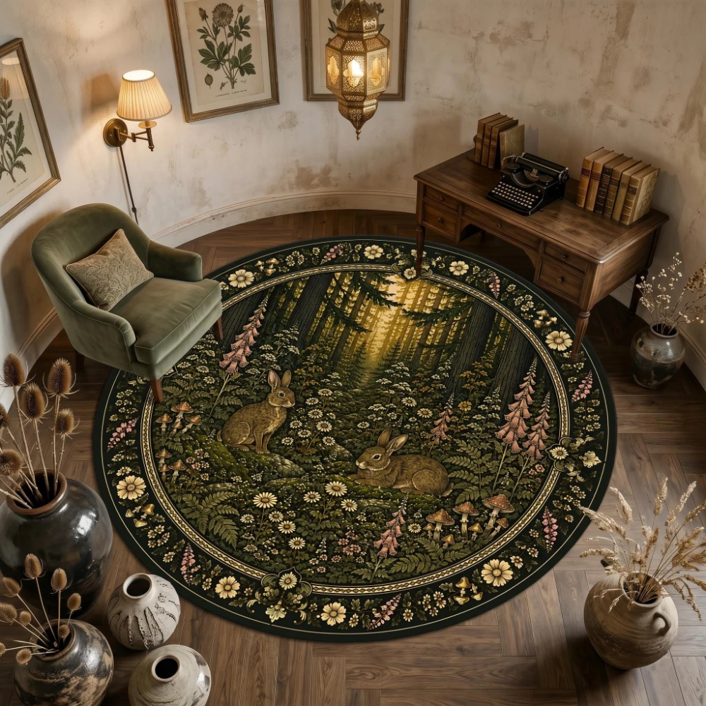 Retro Sunlit Woodland Rabbit Daisy Fern Mushroom graphics Circle Rug,Living Room,Bedroom,Study Room Washable Rug Present