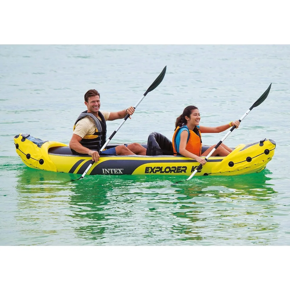 

Cayak K2 2 Person Inflatable Kayak Set W/Inflatable Seats and Backrest Bag Carry and Air Pump (2 Pack) Aluminum Oars Yellow Boat
