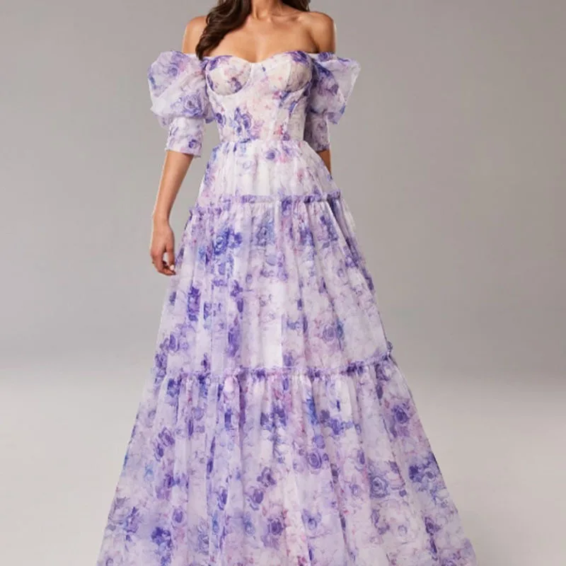 Elegant Women's Summer Floral Printed Long Dress Sexy Backless Short Sleeve Beach Sundress Boho Evening Party Maxi Dresses