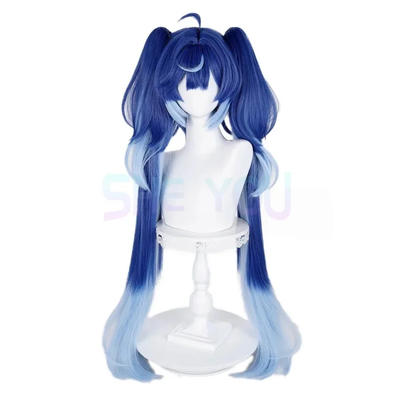 Wuthering Waves Iuno Cosplay Perücke Blauer Farbverlauf Lange Gerade Doppelte Pferdeschwänze Synthetische Perücken Für Frauen Mädchen Rinascita Halloween