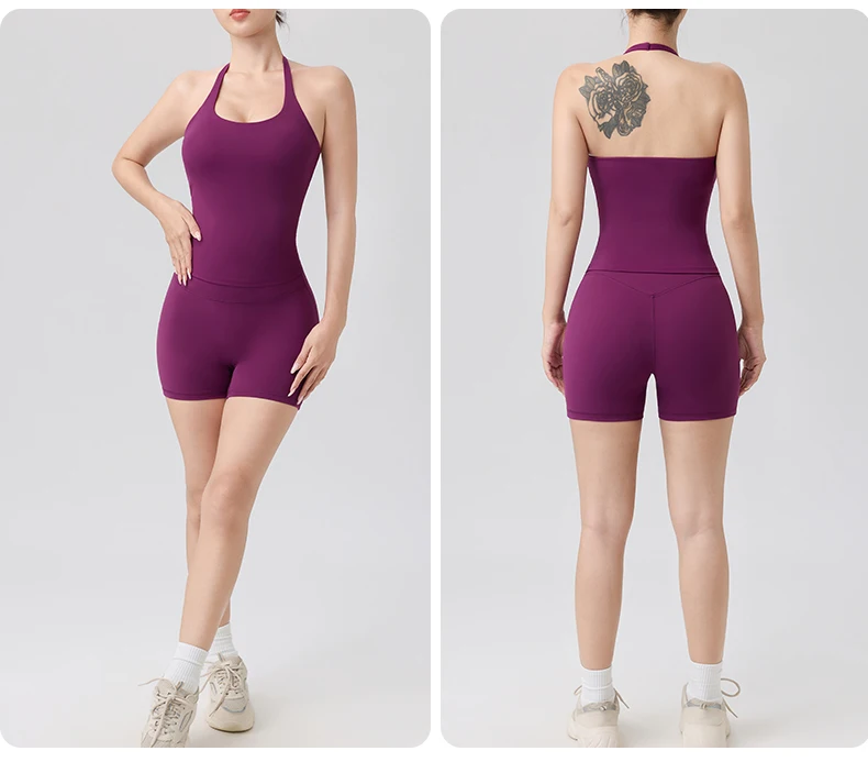 2-teiliges Sport-Set mit Neckholder-Top und Riemchen-BH, Shorts, nahtlosem Yoga- und Fitness-Leggings-Set, Lauf- und Fitness-Sportshorts-Anzug für Damen – Detail 10