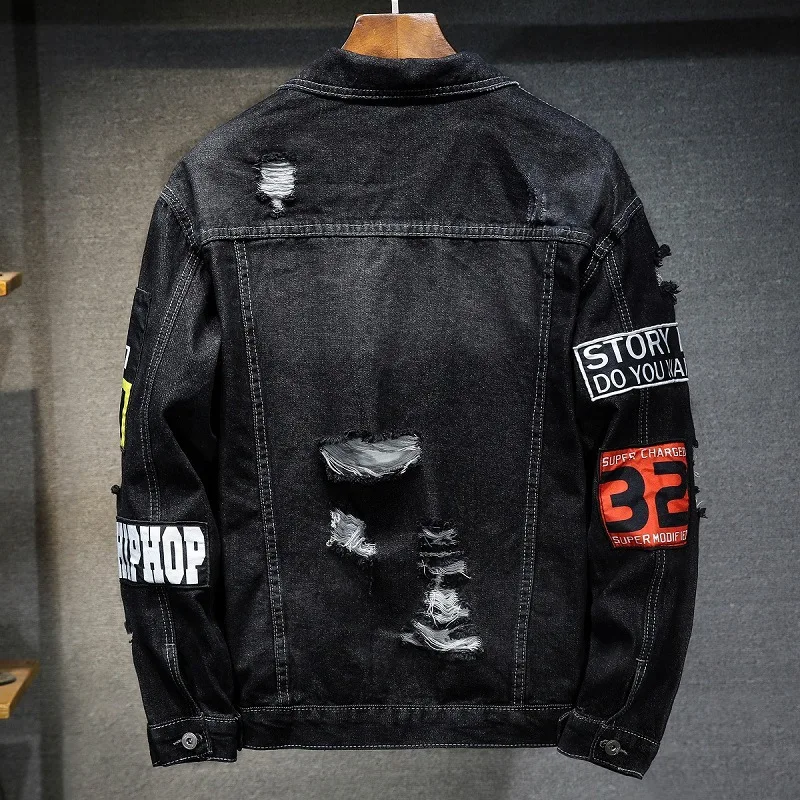 Spring Autumn Distressed Patch Denim Jacket Men's Loose Japanese Streetwear