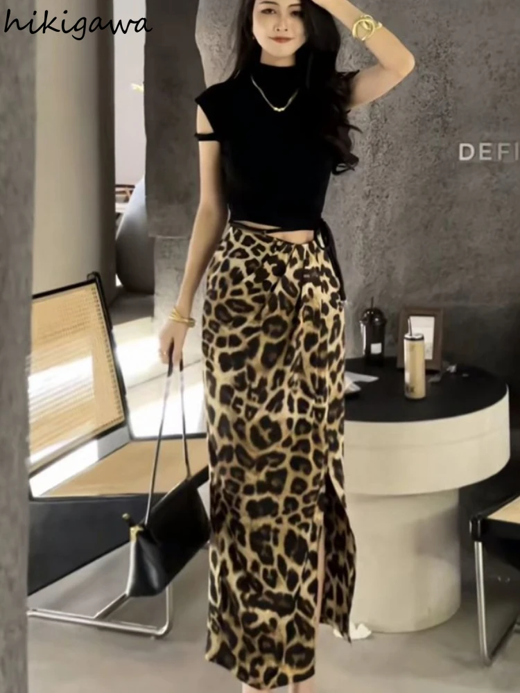 

Women 2 Peice Sets Tunic Short Sleeve Crop Tops High Waist Split Leopard Hollow Out Skirt Suit Ropas Femme Summer Skirts Outfits