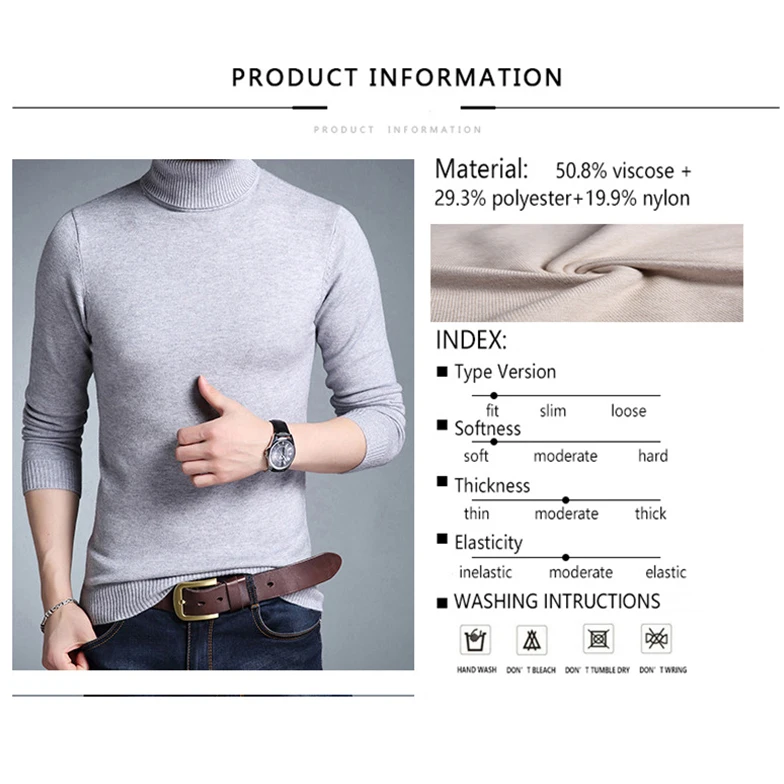 TFETTERS 2024 Slim Thickened Men\'s Base Coat Turtleneck Sweater Men Sweater Black Sweater Knitwear Long Sleeve Slim Sweaters