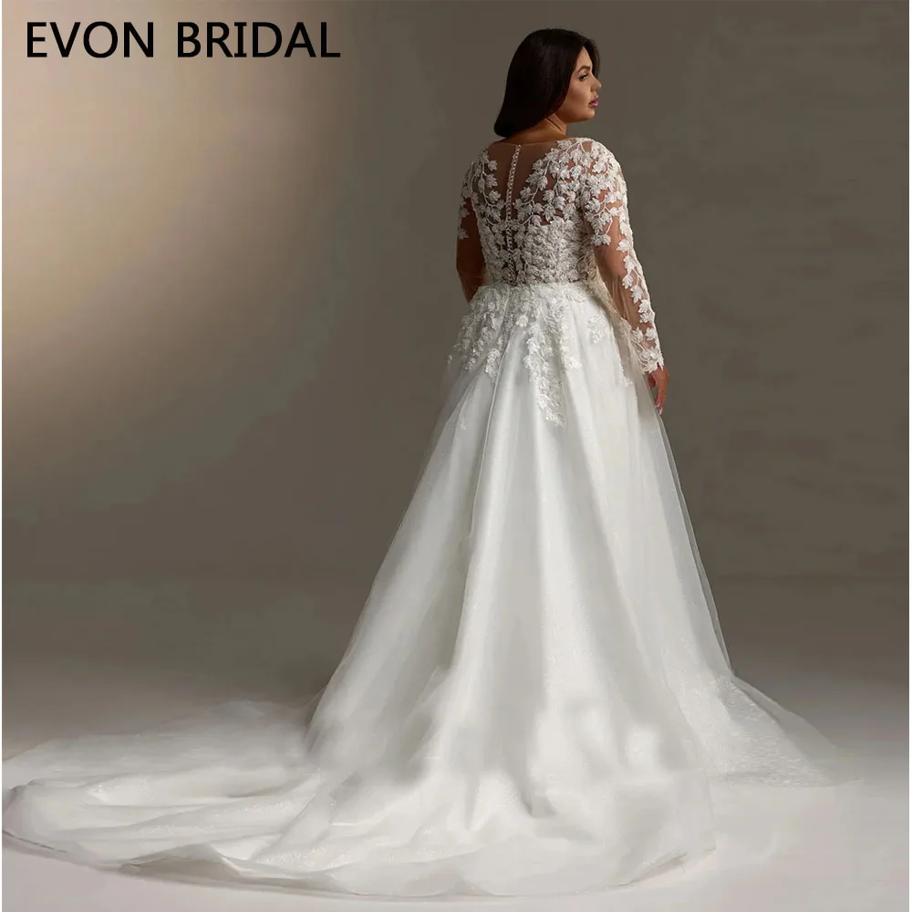 EVON BRIDAL Plus Size Customized Wedding Dress Sparkling Beading Applique V Neck Long Sleeves Sweep Train Glitter Bridal Gown