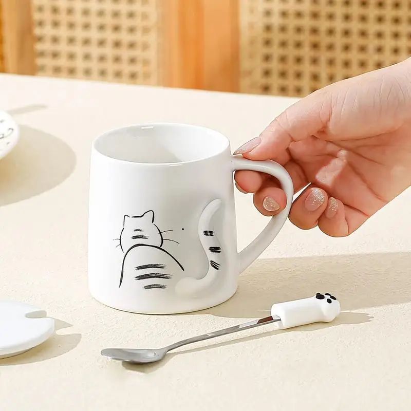 Unique Cat Coffee Mug with Lid and Spoon Cat Tail Ceramic Tea cup and Coffee Mug, cute Birthday Christmas stuff for Cat Lovers