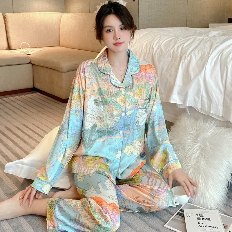 Colorful Jungle Pajama Satin Silk Spring Autumn Long Sleeves Long Pants Young Girl Thin Homewear Casual Set Loose Sleepwear