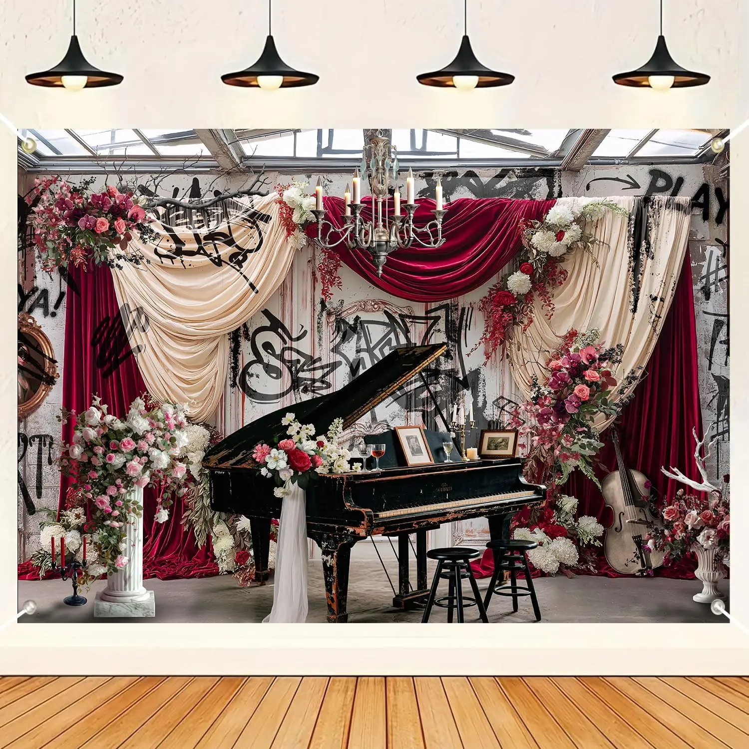 Wedding Floral Photography Backdrop Gothic Vintage Church Piano Cello Bridal Shower Wedding Reception Banner Photo Background