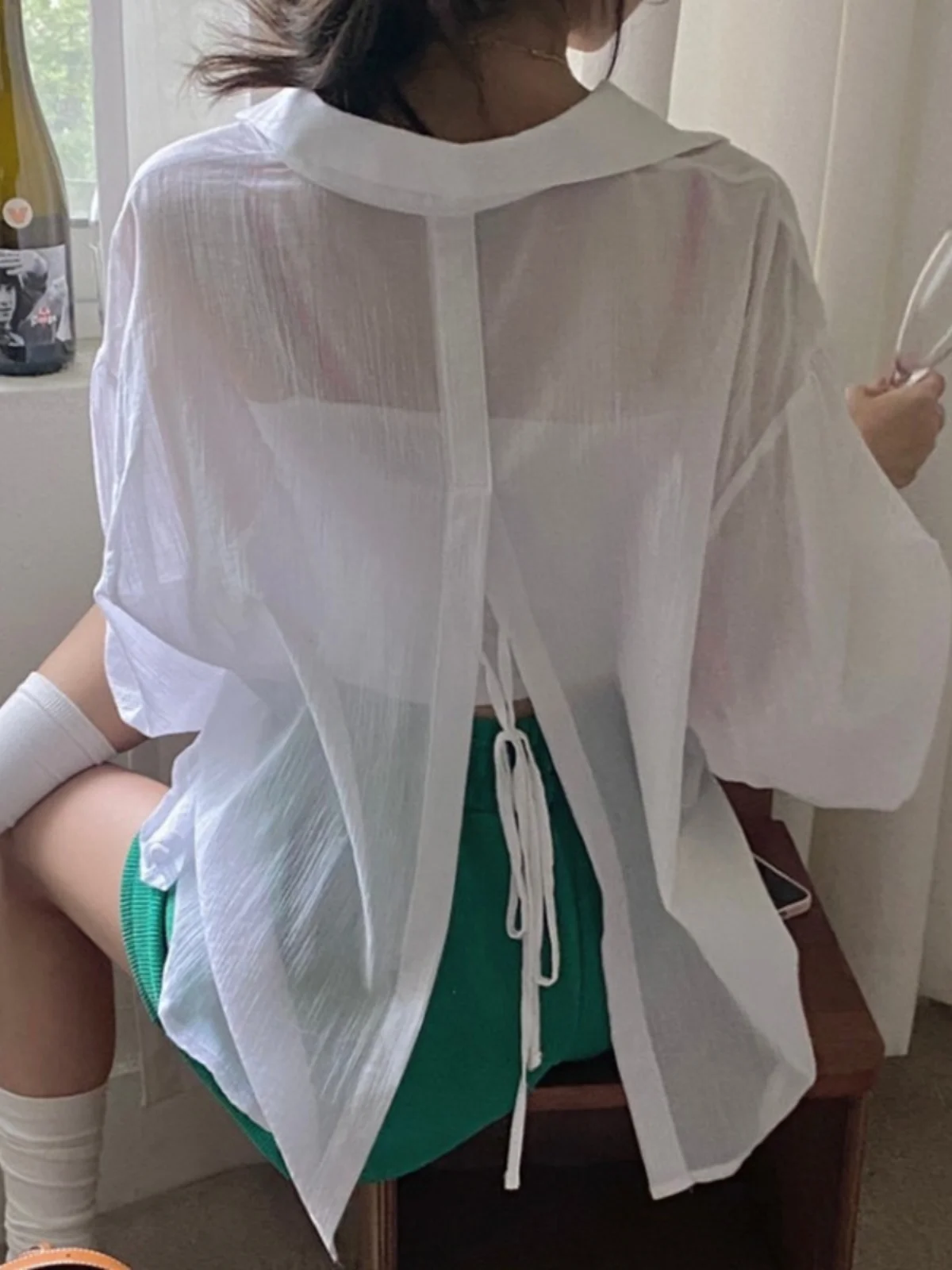 

Summer Women's Linen Sun Protection irt Thin Long Sve Ba Split White Loose Fit Regular Length Pure Color Button Closure