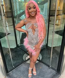 Sexy Rhinestone Short Prom Dress Pink for Black Girls Diamonds Bead with Feathers Birthday Cocktail Party Dresses Customized