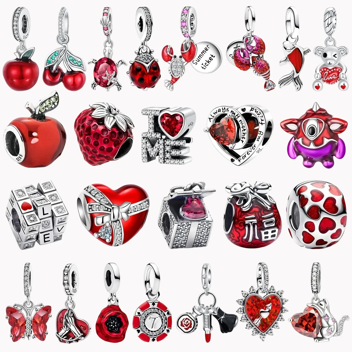 

925 Sterling Silver Red Heart Charms fit Original Bracelets Necklaces Gift Box Apple Rose Beads for Women Jewelry Christmas Gift