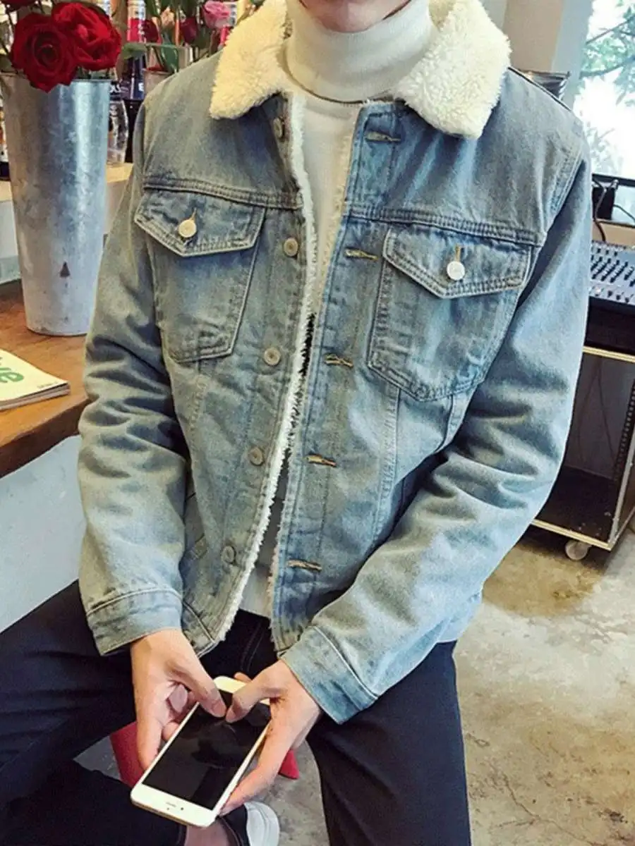 

Мужское джинсовое джинсовое пальто с подкладкой из меха ягненка, свободное зимнее хлопковое пальто, верхняя одежда Fast Faion Internet Celebri Sle