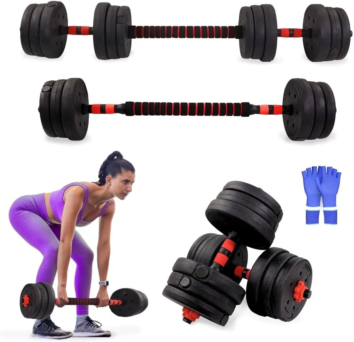 Mancuernas ajustables, 2 en 1, ExtenFit, Peso de 2-20 kg, Incluye mancuernas y barra de extensión acolchada