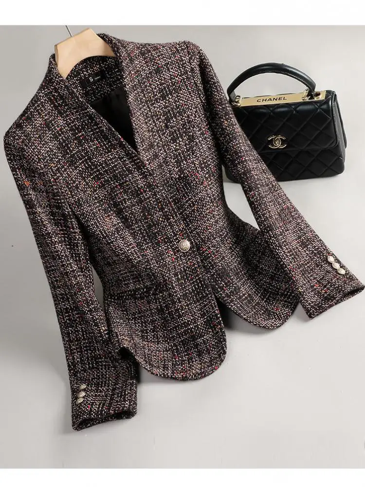 Korean Fashion Woman Autumn Winter Retro Brown Plaid V Neck Long Sleeves Woolen Blazers Coat Vintage Elegant Single Button Tops