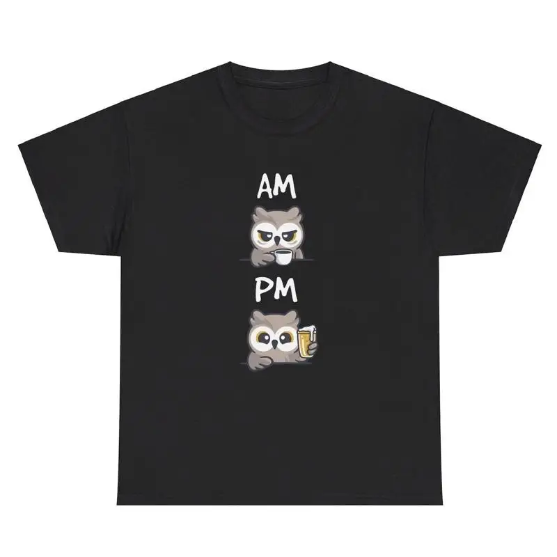 

AM PM Owl Coffee Beer T Shirt Funny Drink Lover Alcohol Day Drinking Humor Tee