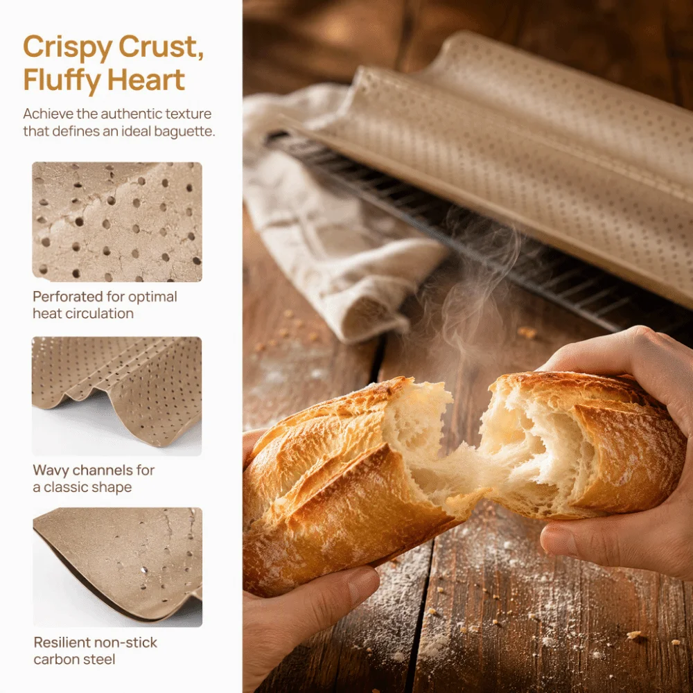 New 2/3/4 Slot Baguette Pan Nonstick Carbon Steel Bread Baking Mold Wavy Perforated Baguette Baking Tray Home Kitchen