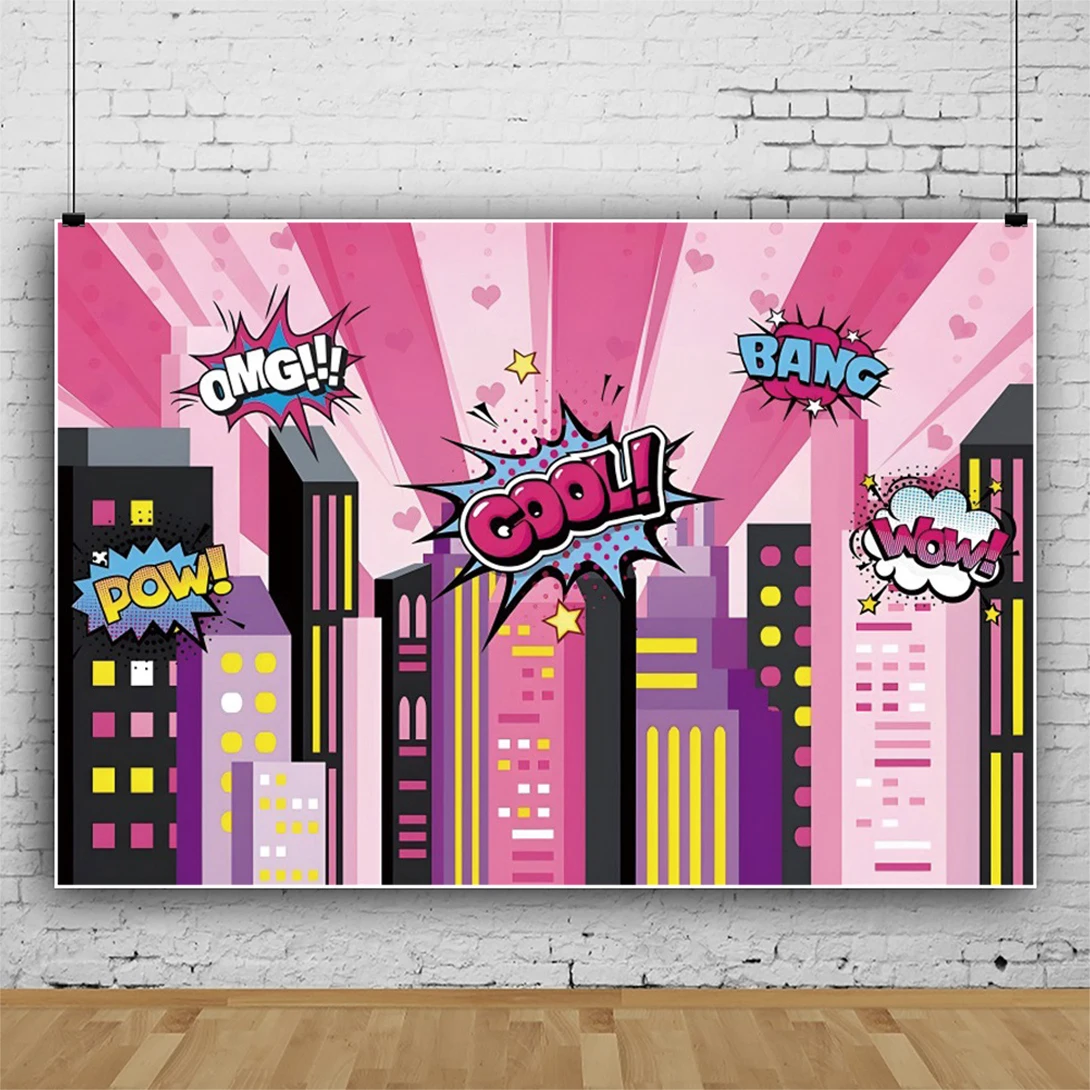 

Superhero Birthday Backdrop Pink City Building Night Super Hero Party Decor Photography Background For Photo Studio Photophone