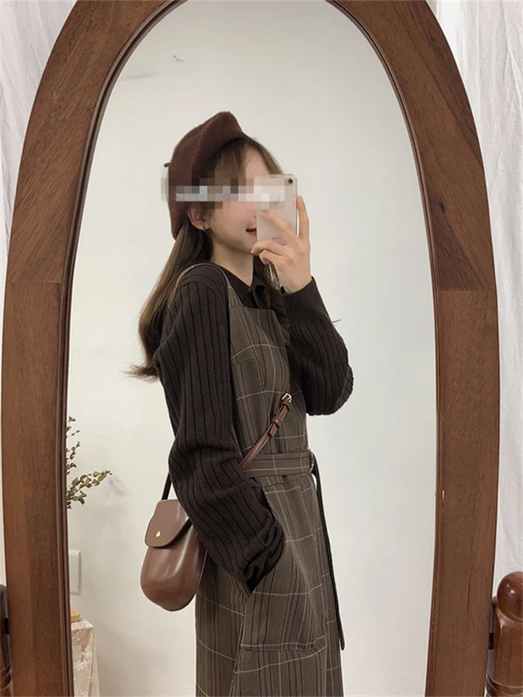 Women Dress Girls Winter Fall Party Female Vintage Sundress Brown Plaid Sundress Women Dresses Long Robe Vestido Preppy Plaid