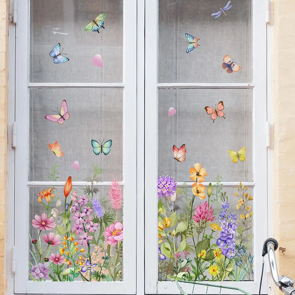 Double Sided Colorful Flowers Butterfly Wall Sticker Electrostatic Paste Window Glass Paste Visible Decorative Wall Decal