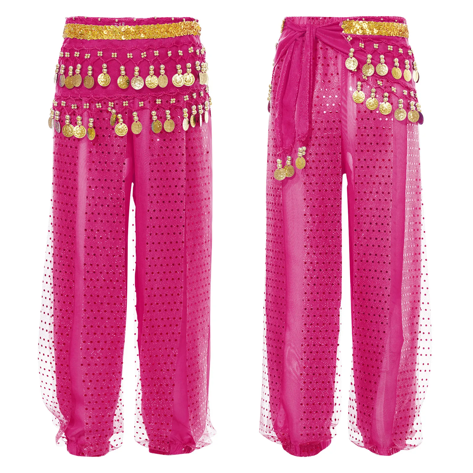 Kinderen Meisjes Buikdans Harembroek Tribal Arabische Broek Pailletten Mesh Chiffon Dansbloeiers met Hippe Sjaal Buikdansoutfits
