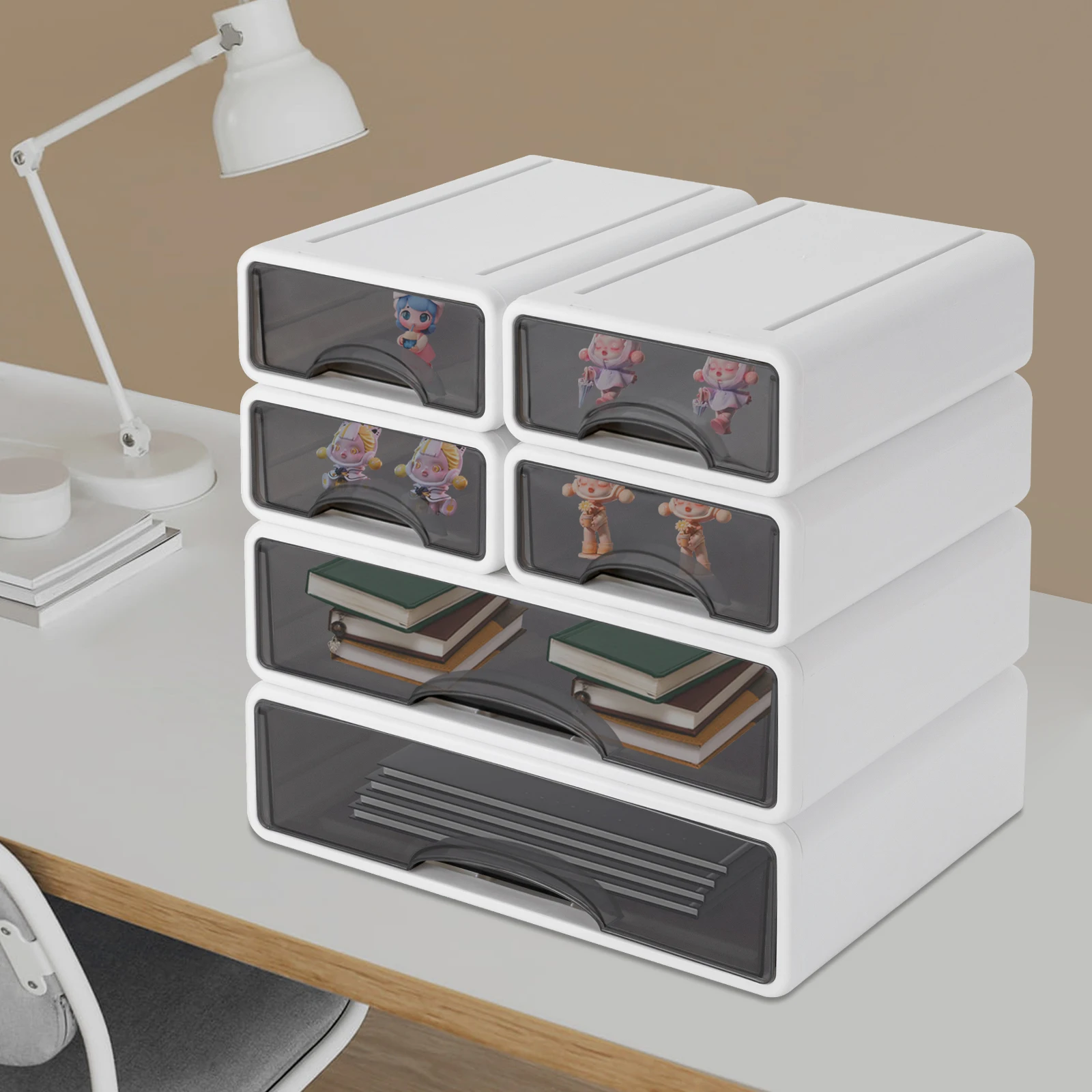 Boîte de rangement de bureau avec 6 tiroirs, organiseur de tiroirs en plastique, tiroirs de rangement empilables pour ranger des documents, fournitures de bureau 34*25*33cm