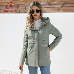 Hailuozi 2023 nova primavera & outono jaqueta feminina fina de algodão casual feminino parka curto com capuz moda outwear casaco feminino 3365