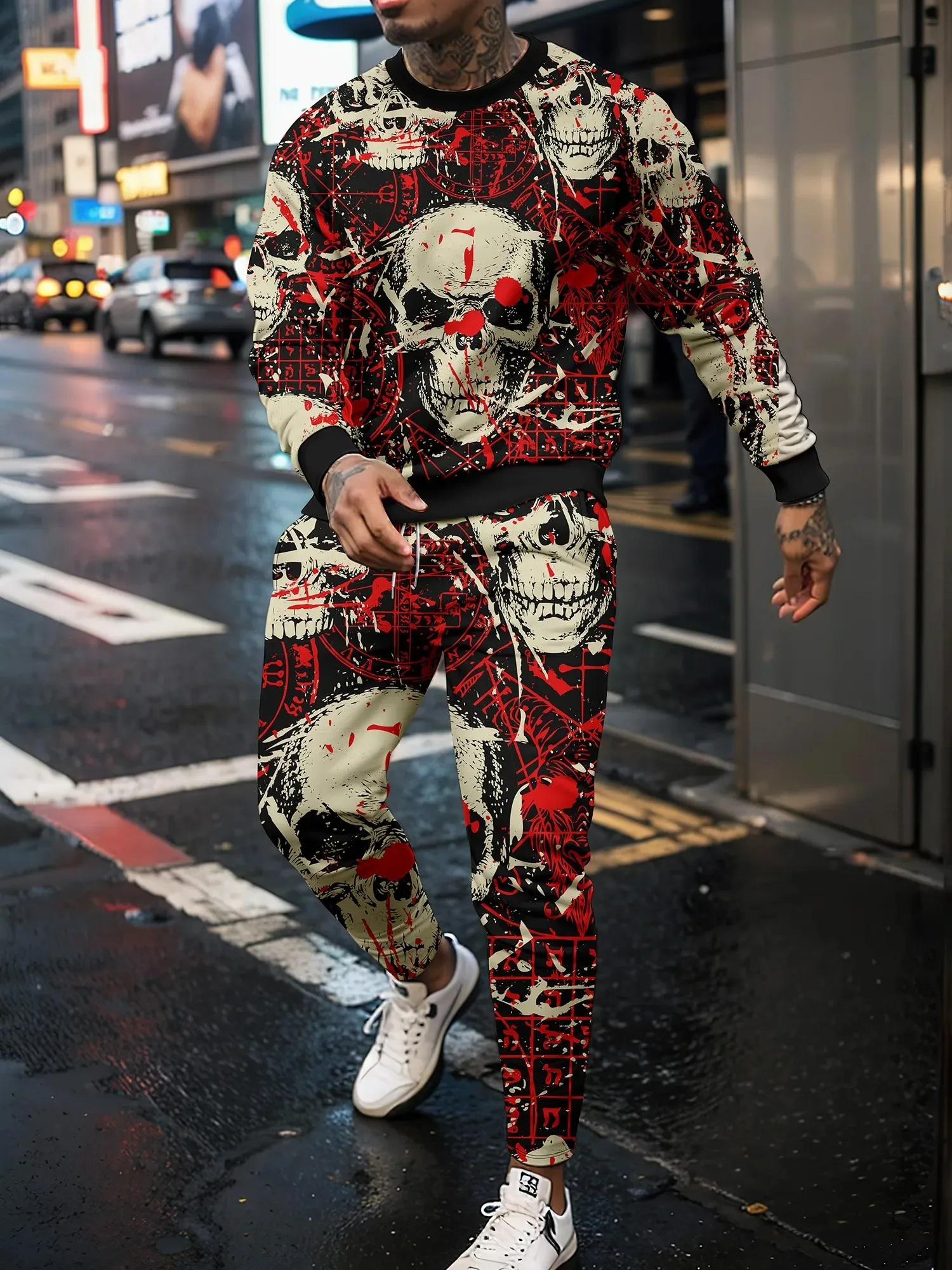 Men\'s Tracksuit Casual 3D Skull Print 2 Piece Sets Long Sleeve T-Shirt+pants 2pcs Set Fashion Outfits Oversized Unisex Clothing