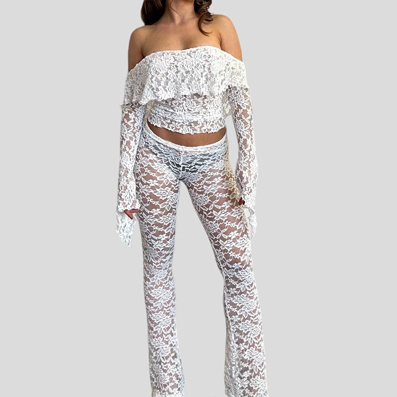 BKLD Women's See-through Lace Floral Matching Club Party Outfits 2024 Pure White Slash Neck Crop Tops+Flare Pants Tight 2-pieces