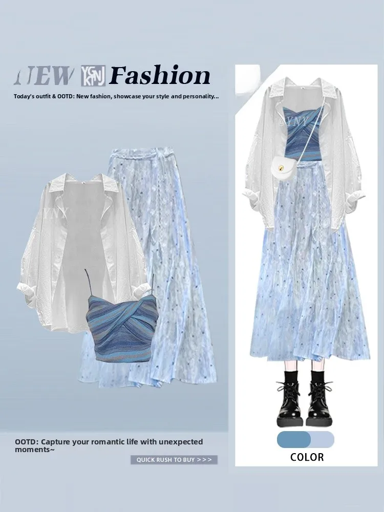 

Sweet Korean Sle Floral f-length Thin irt And Stripe Strap Vest Set Women's Faion Autumn Collection Casual Wear