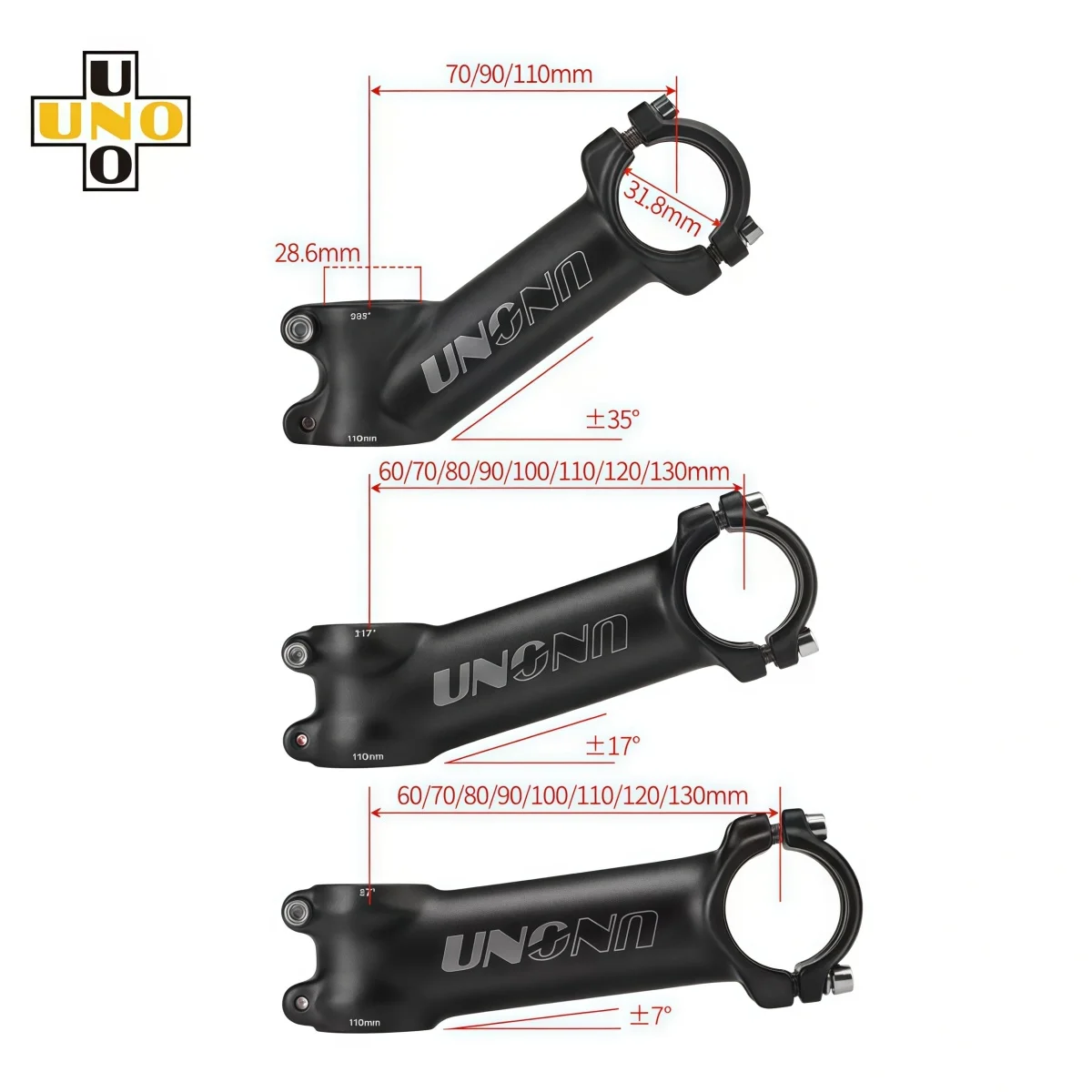 UNO 7°/17°/35° Angle Matte Black Bike Stem 60 MM To 130 MM Length- 31.8 MM Handlebar Clamp 1 Piece