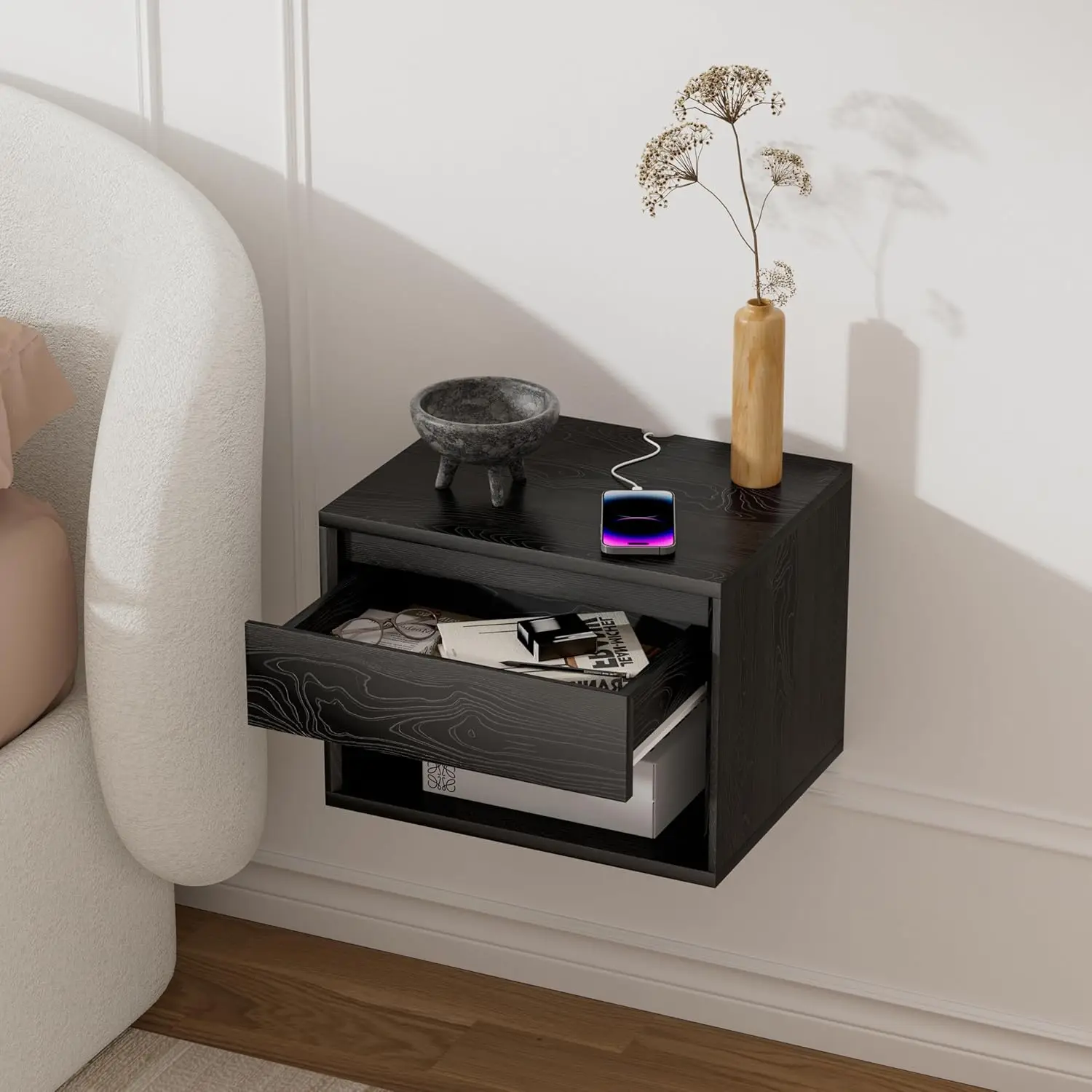 منضدة حديثة لمحطة شحن مع 3 أدراج، وطاولة بجانب السرير مع قاعدة تخزين، وطاولة نهاية أنيقة لغرفة النوم #2
