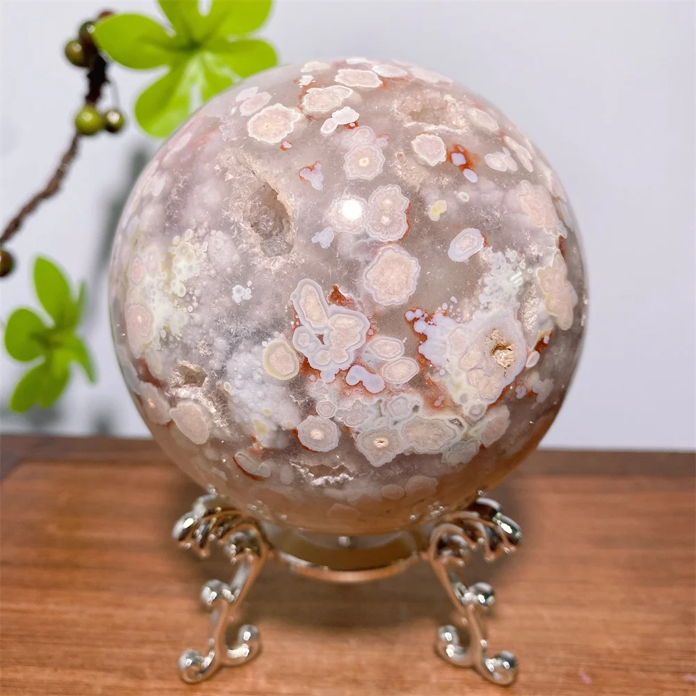 Natural Pink Flower Agate Sphere with Druzy Quartz and Raw Geode Healing Crystals Reiki Energy Crafts Gift+Stand