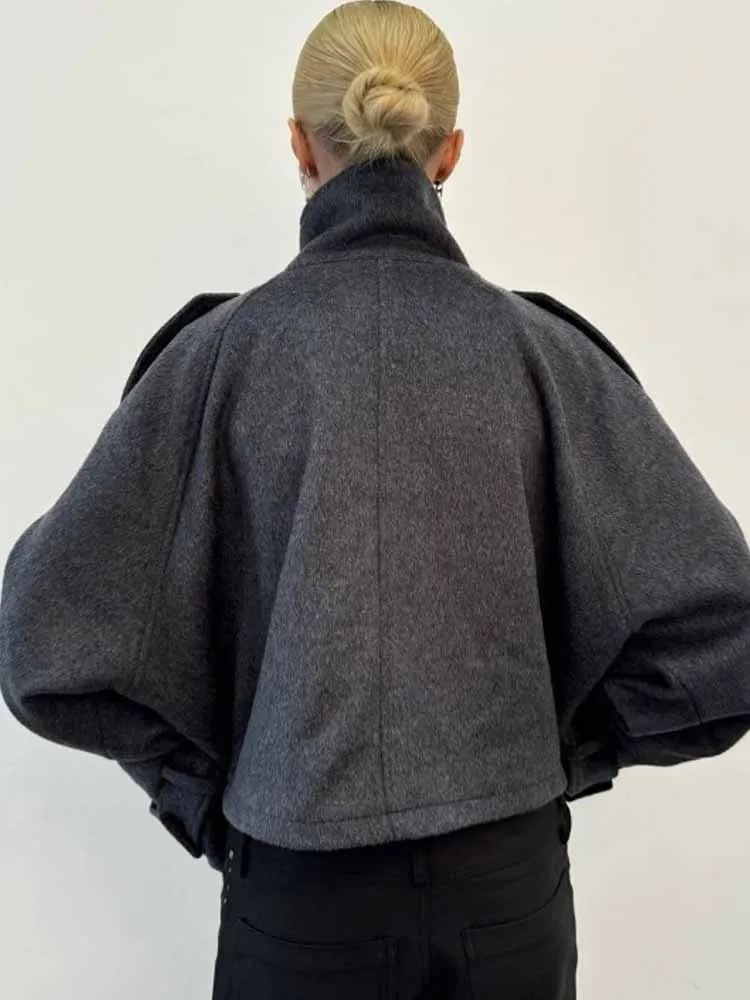 BKQU Casual Giacca di lana solida Donna Colletto allentato con cerniera Manica intera Cappotti corti Donna 2025 Autunno Retro Street Outwears