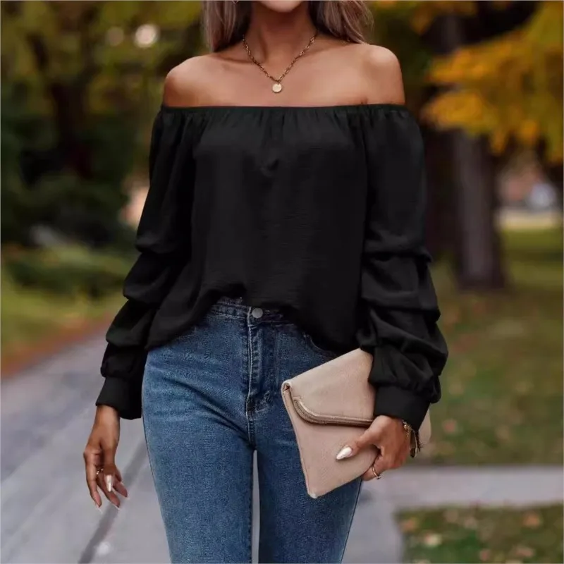  Women's Autumn/Winter New Fashion One Piece Collar Off Shoulder Nodular Sleeve Long Sleeve Shirt Hoodie Solid Color Loose Type