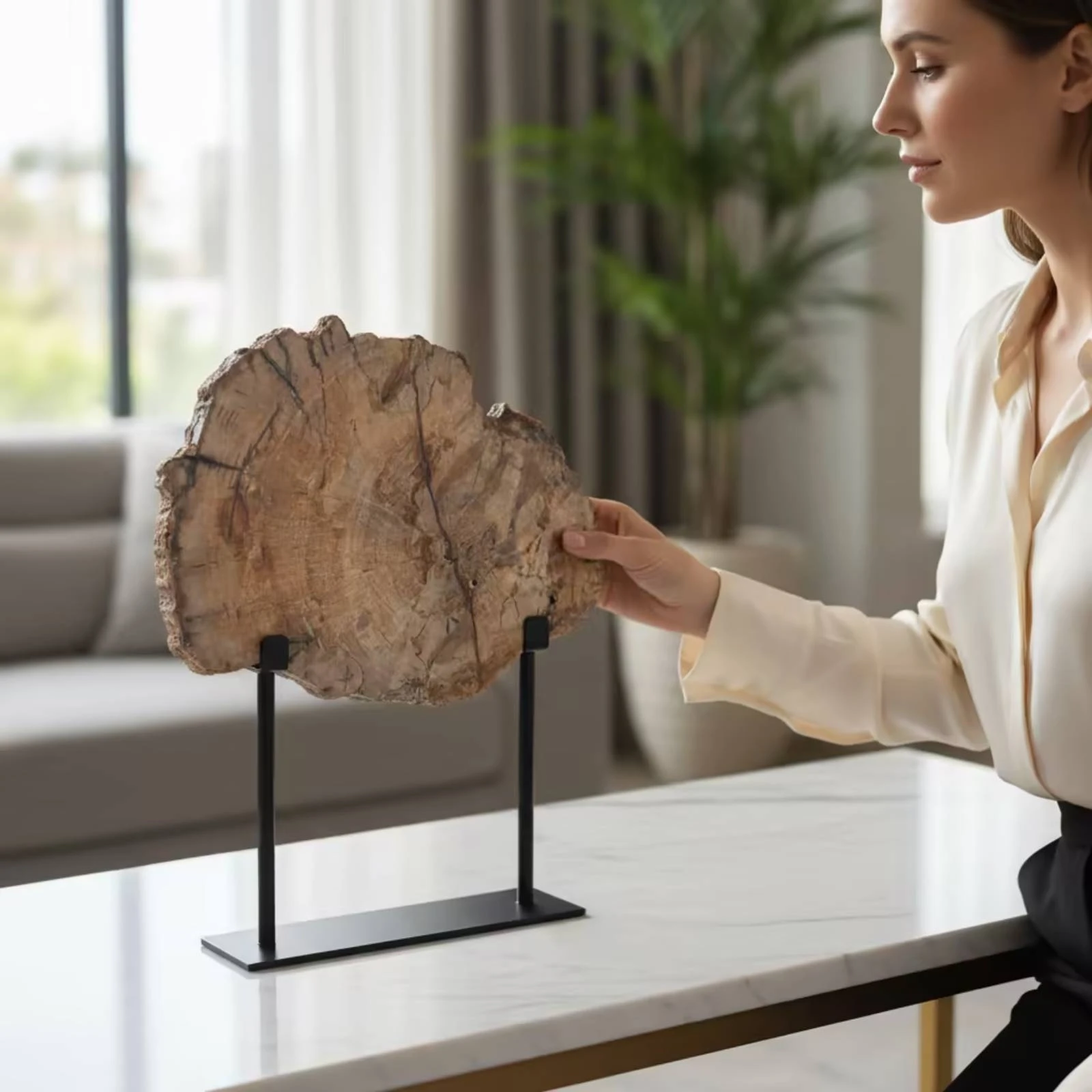 Slab Ornament with Stand Modern Faux Wood Fossil Fossil Ornament Minimalist Sculpture Architectural for Homeowners, Living Room