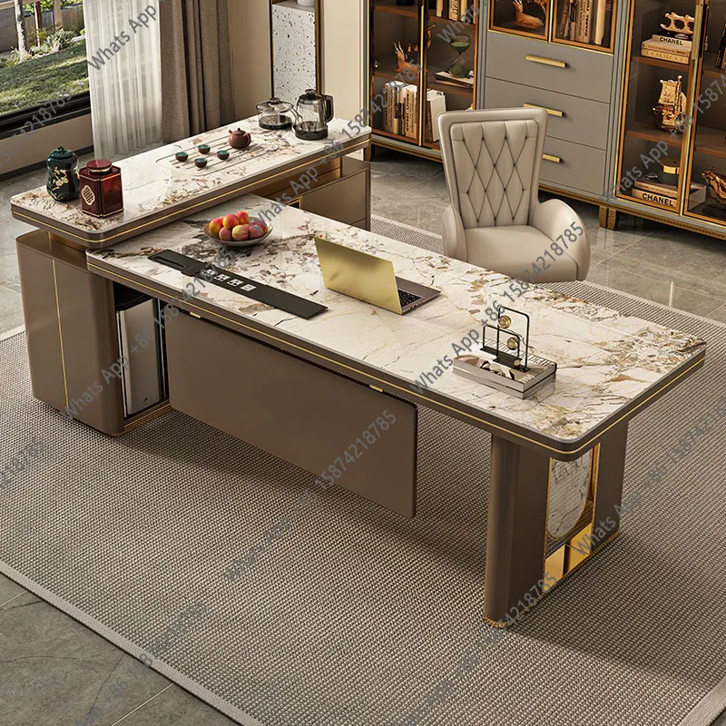 New light luxury desk and chair combination corner office computer table rock slab integrated boss table minimalist