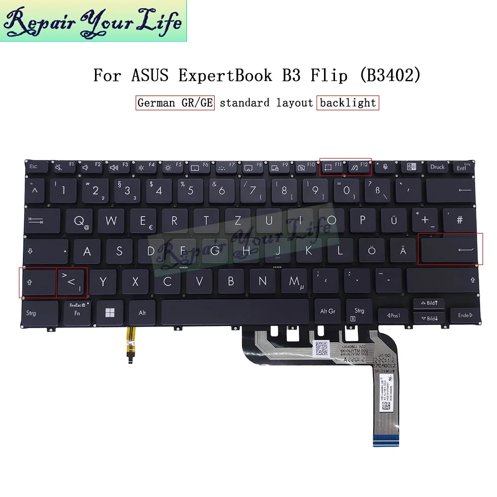 German Nordic Backlit Keyboard For Asus ExpertBook B3 Flip B3402 B3402FEA B3402FBA GR ND/NE Keyboards Backlight 9Z.NJYBN.41N New