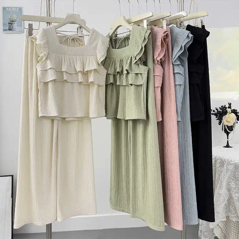 

French Style Square Collar Ruffles Flying Sleeve Shirts Women's Summer Sweet Set Loose Wide Leg Trousers Lady Suit Clothes