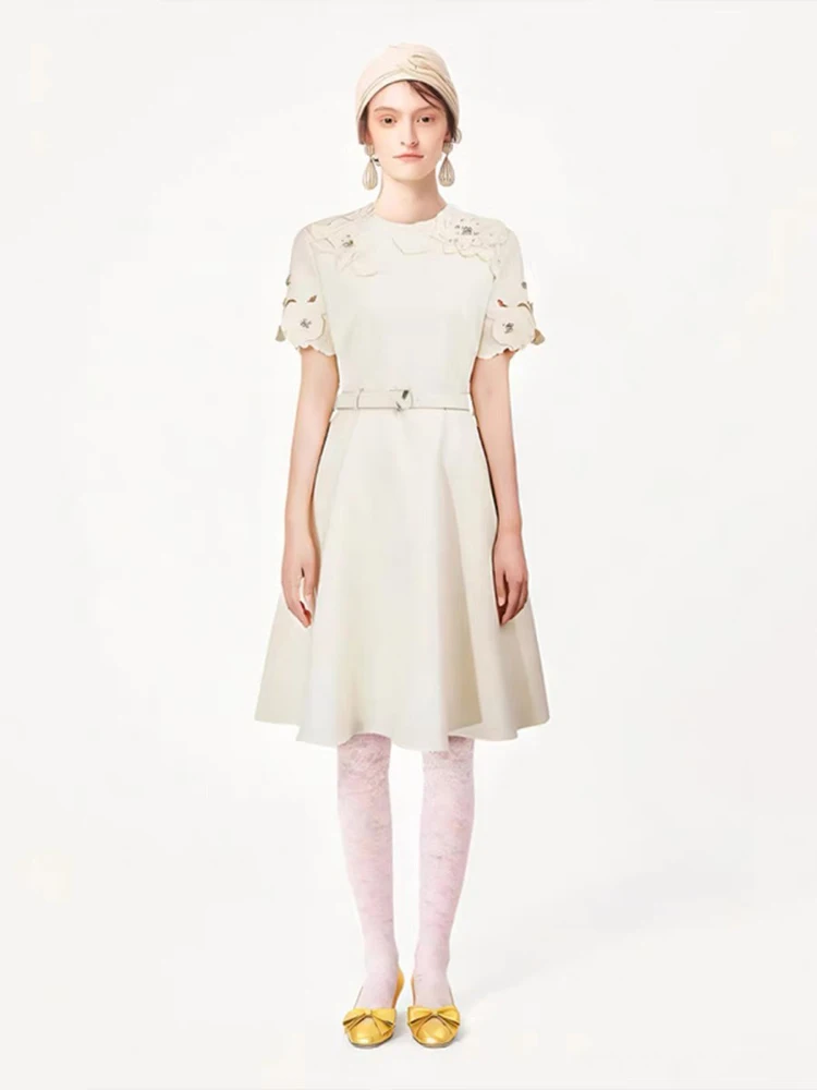 

Elegant Embroidery Splicing Flower Dresses Spring Women Hollow Out Short Sleeved Mini Dress Summer High Waist with Belt Dress