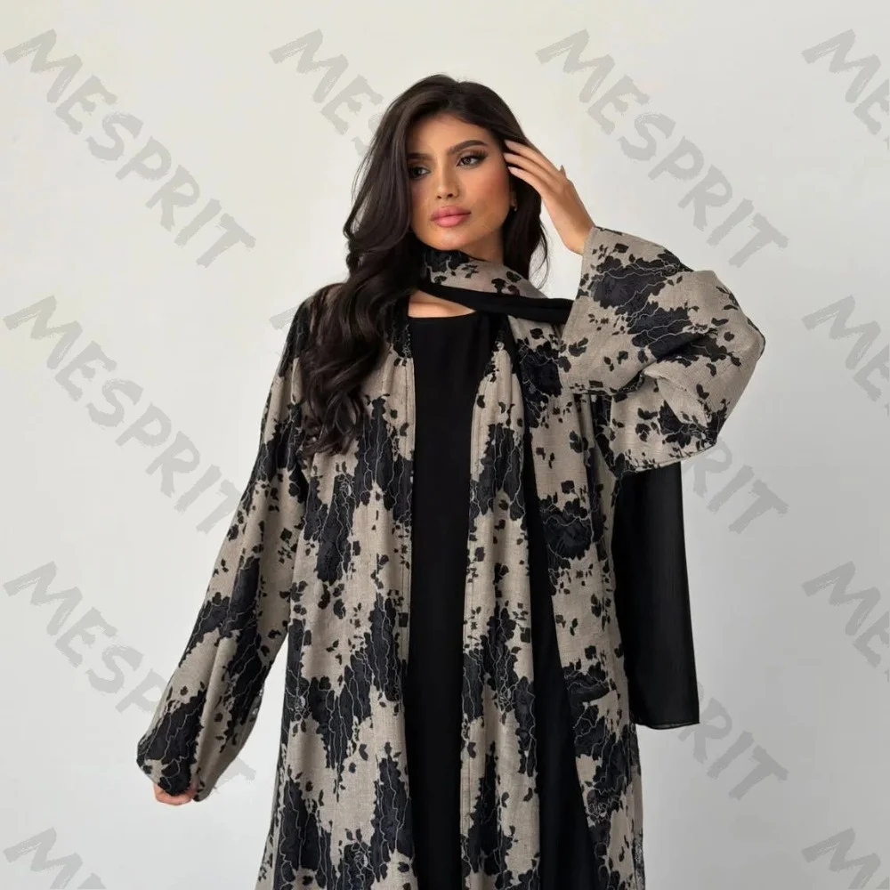 Customized Beige Black Abstract Printed Chiffon Evening Gown 2026 Hooded Long Sleeved Dress Islamic Abaya Elegant Beach Party
