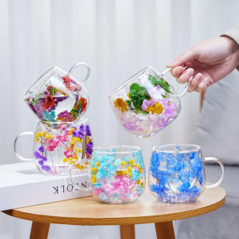 Tazas de Café con Flores Secas para Bebidas Calientes, Té, 250 ml, Taza de Café de Vidrio Borosilicato, Vasos para Café, Taza para Bebidas de Oficina