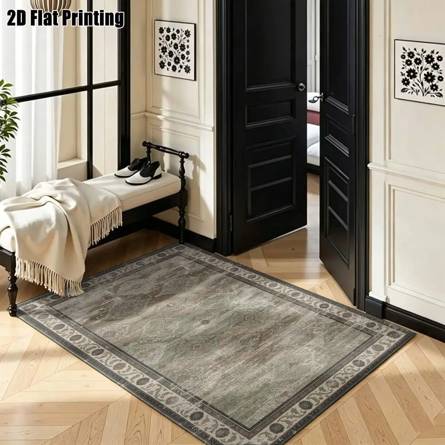 1Pc 2D Printed Retro Brown Green Ethnic Pattern Carpet: Vintage European Style, Machine Washable, Multi-Size, Suitable for Entrance, Dining, Foyer, Study, Living Room, Bedroom