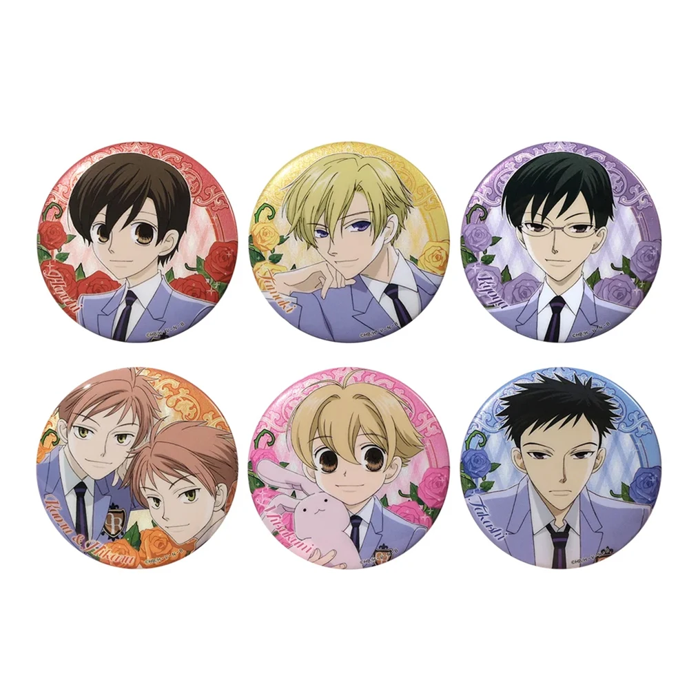6pcs/set Anime Ouran High School Host Club Fujioka Haruhi Kyoya Ootori Tamaki Suou Cosplay Badge Tinplate Brooches Gifts