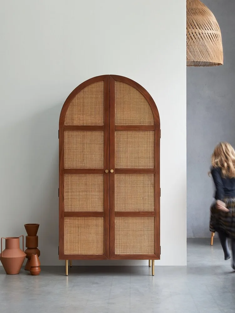 Customizable Nordic Japanese Solid Wood Wardrobe Home Bedroom Vaulted Dome Swing Door Storage Locker Simple Rattan Wardrobe
