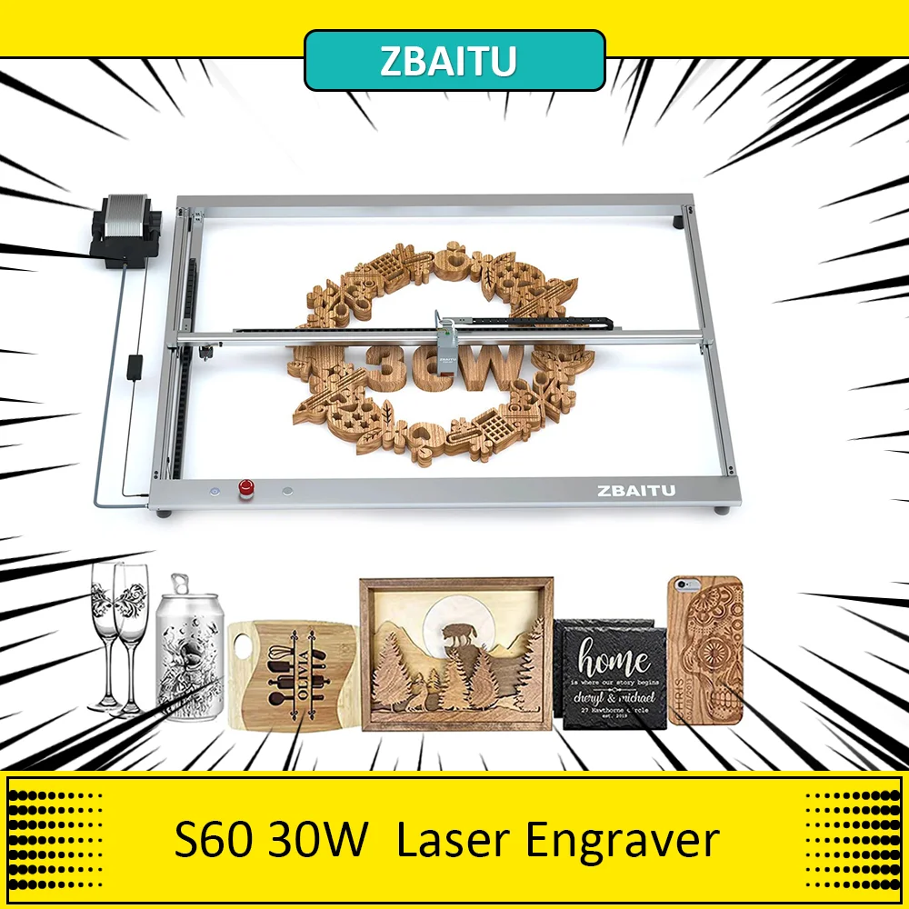 ZBAITU S60 30W Laser Engraver Cutter, 800mm/s Engraving Speed, Air Assist Nozzle, Emergency Stop Button, 32-bit 80x60cm Area