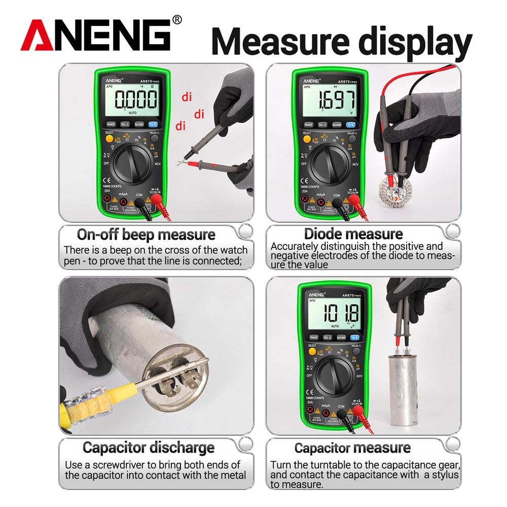 ANENG-AN870 Multímetro Digital, 1999 Contagens, True Rms, Transistor Tester, Voltimetro, Medidor de Capacitância Profissional