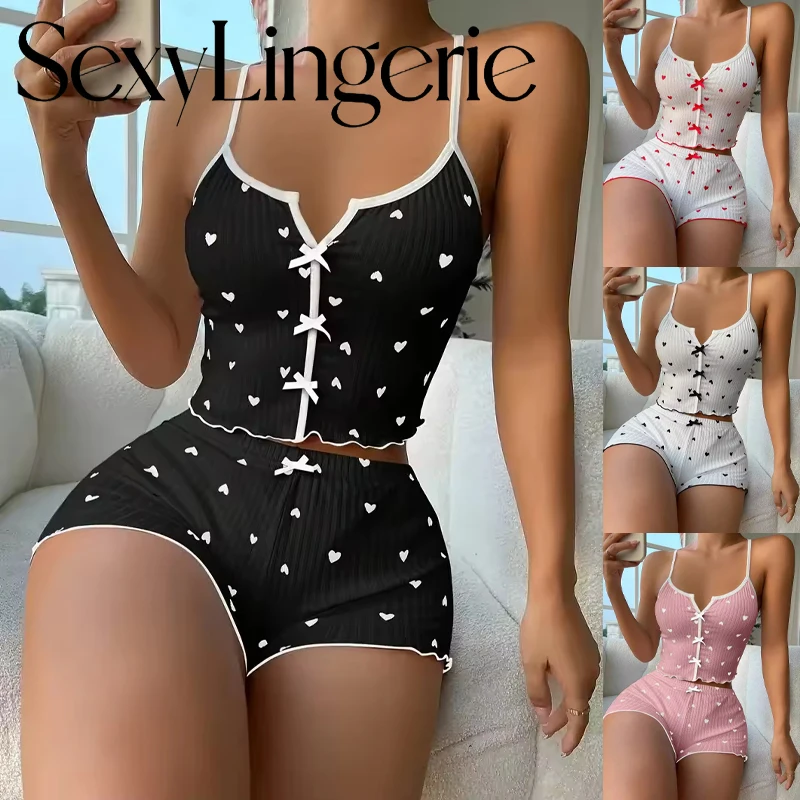 

Sexy Sleepwear Women Pajamas Set Heart Print Silk Stain V-Neck Sleeveless Casual Cami Top and Shorts Sets Home Suit Loungewear