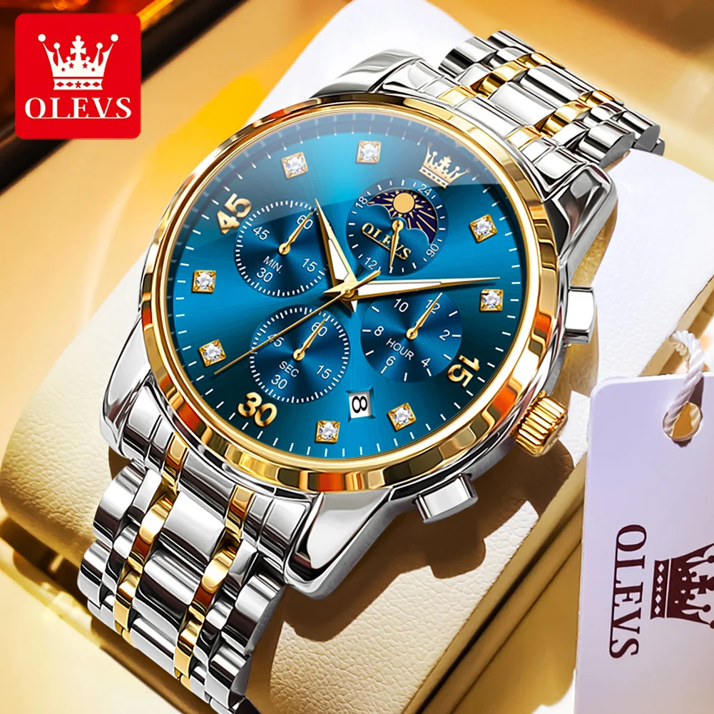 OLEVS 3652 Number Scale Quartz Watch For Men Chronograph Luxury Waterproof Hand Clock Moon Phase Date Luminous Man Dress Watches