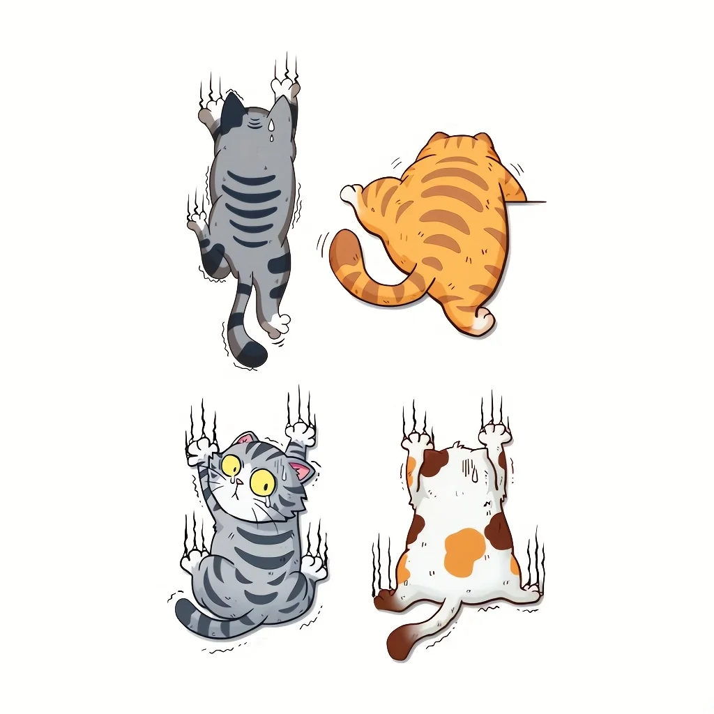 Funny Climbing Cats Wall Decal, 4 Cute Cartoon Cats Scratching Wall Removable Kids Room Sticker