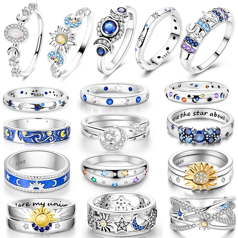Original 925 Silver Ring Sparking Sun Moon Stars Rings For W